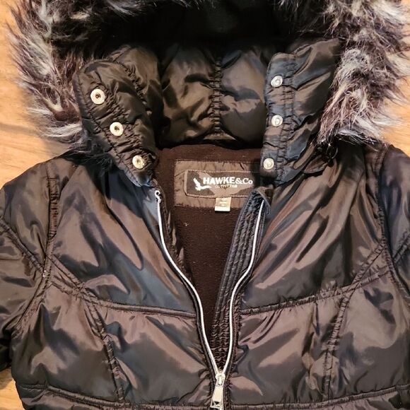 Black Puffer Jacket Girls Size 14 with Faux Fur Hood By Hawke & Co. - Picture 5 of 8